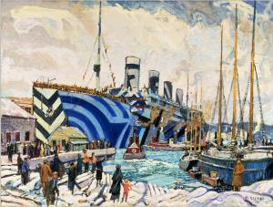 War artist Arthur Lismer captured the return of the troopship SS Olympic (centre) a sister ship to the titanic, to Halifax harbour following the First World War. Olympic's multi-coloured dazzle camouflage, added in 1917 at the height of the German U-Boat threat, was intended to make the ship more difficult to identify and target.