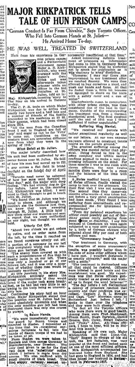 Major Kirkpatrick interview with reporters on return to Toronto.