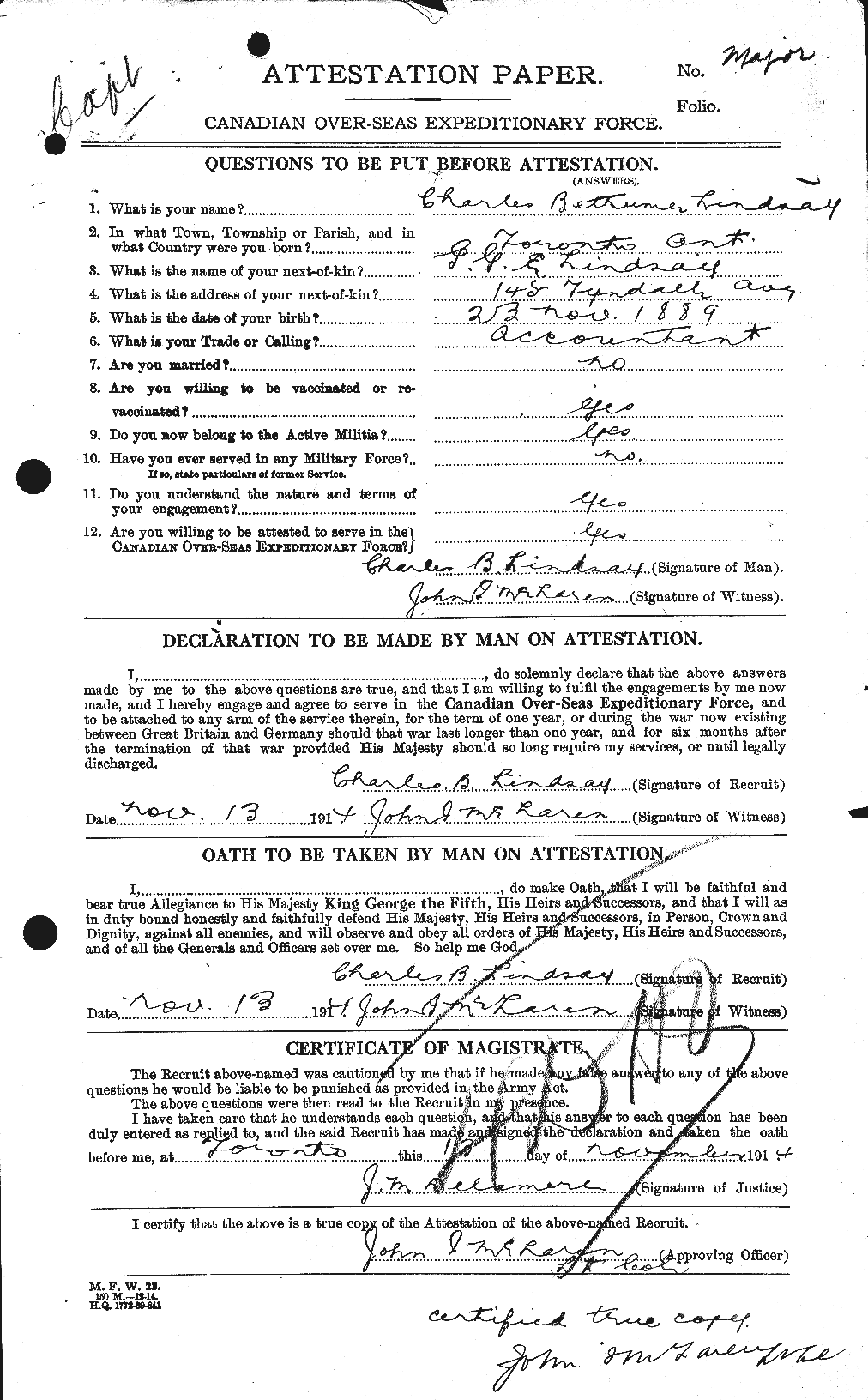 First World War attestation paper of Major C. B. Lindsey, DSO