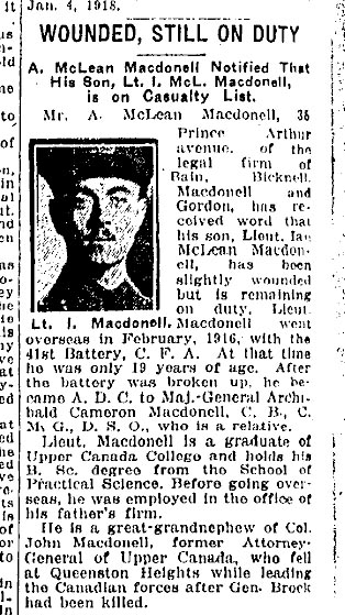 News clipping on the wounding of then Lieutenant Macdonell