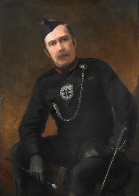 Lieutenant Colonel D.H. Allen, Fifth Commanding Officer February 4, 1887 to August 30, 1889. The original 43.5″ x 31″ oil on canvass painting by celebrated Canadian portrait artist J. W. L. Forster, hangs in the Queen’s Own Rifles Officers’ Mess. Portrait photo by Christopher Lawson, June 17, 2010.