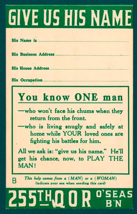 Card encouraging Torontonians to report their neighbours who had not joined up.