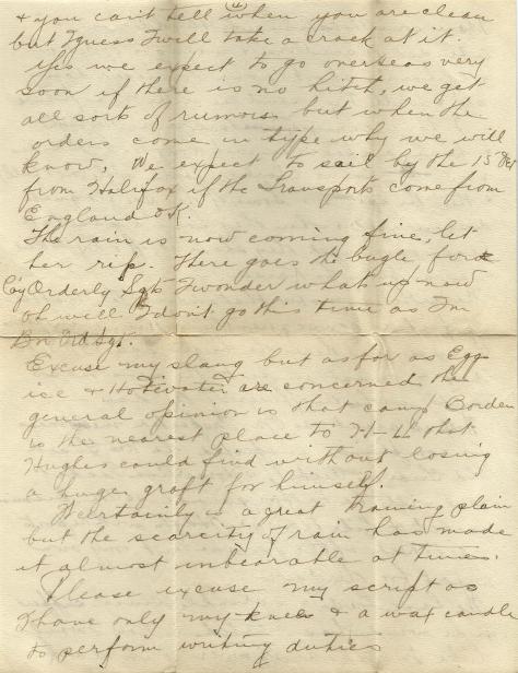 Page 4 of a letter from CSM Laurence Pridham to his Uncle Will dated 27 September 1916 and sent from CFB Borden