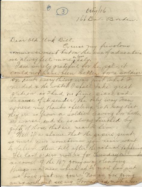 Page 1 of letter from CSM Pridham to his Uncle Will sent 7 October 1916 from Base Borden