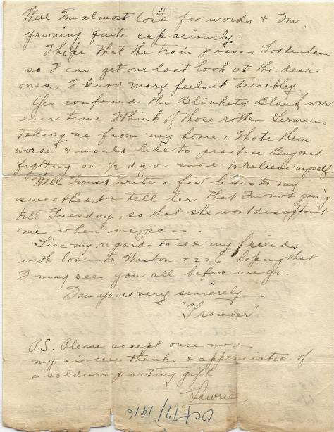 Page 4 of letter from CSM Pridham to his Uncle Will sent 7 October 1916 from Base Borden