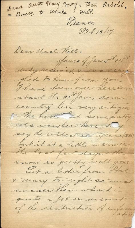 Page 1 of a letter from Lawrence Pridham to his Uncle Will send 2 February 1917 from France