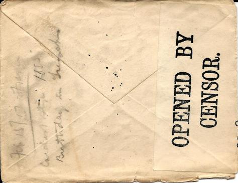 Back of envelope of a letter from Lawrence Pridham to his Uncle Will send 2 February 1917 from France