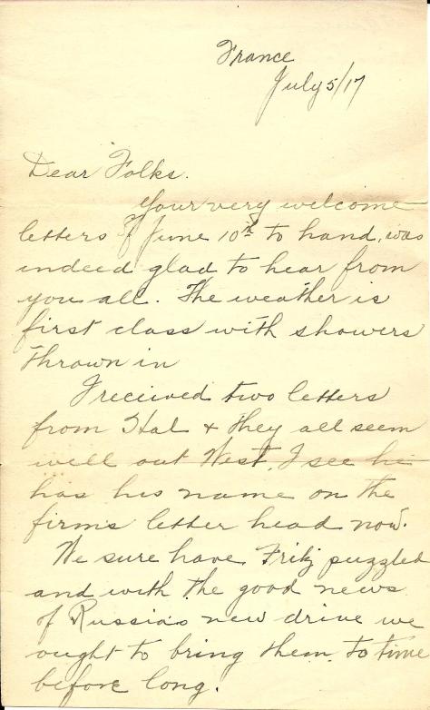 Page 1 of a 5 July 1917 letter from France sent by Lawrence Pridham to his Uncle Will