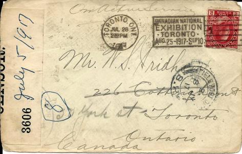 Front of the envelope of a 5 July 1917 letter from France sent by Lawrence Pridham to his Uncle Will