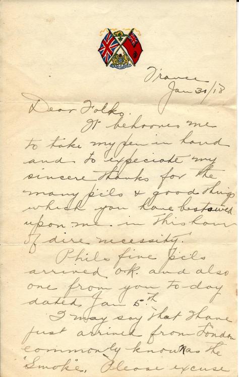 Page 1 of a letter from Lawrence Pridham to his Uncle Will from France on 31 January 1918