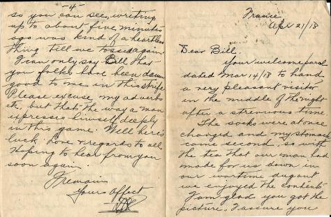 Page 1 of a letter from Lawrence Pridham to his Uncle Will (called Bill here) sent from France 18 April 1918