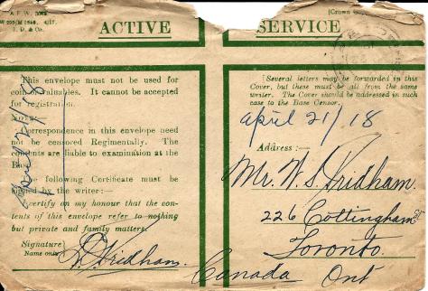 Envelope cover of a letter from Lawrence Pridham to his Uncle Will (called Bill here) sent from France 18 April 1918