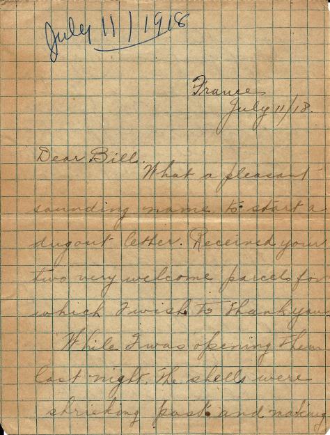 Page 1 of a letter from Lawrence Pridham to his Uncle Will (called Bill here) sent from France 11 July 1918