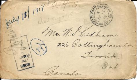 Envelope cover of a letter from Lawrence Pridham to his Uncle Will (called Bill here) sent from France 11 July 1918