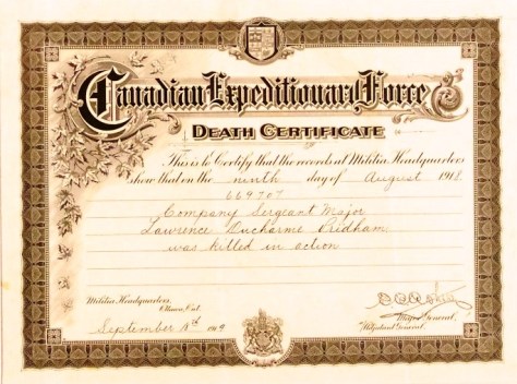 Death Certificate for CSM Lawrence D. Pridham, 166th Bn, CEF