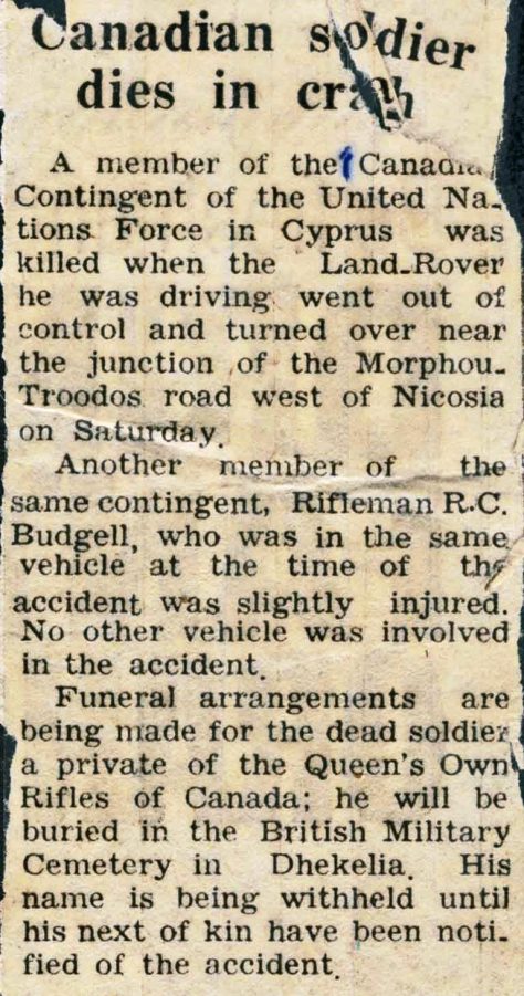 Newspaper clipping re death of Rfn Perry Hoare in Cyprus, 13 August 1965