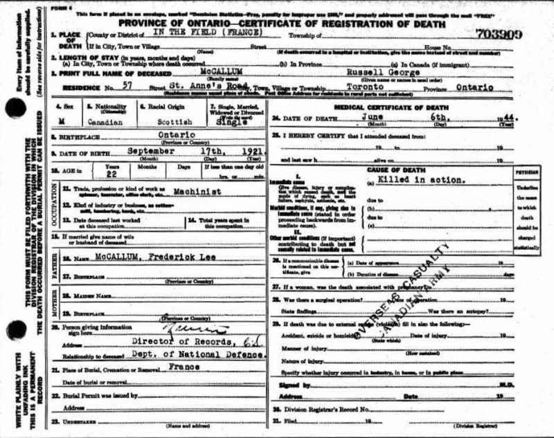 Death Certificate for Rifleman Russell George McCallum
