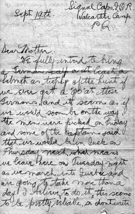 14 September 1914 letter from Private Felton P. Behan to his mother from Camp Valcartier.