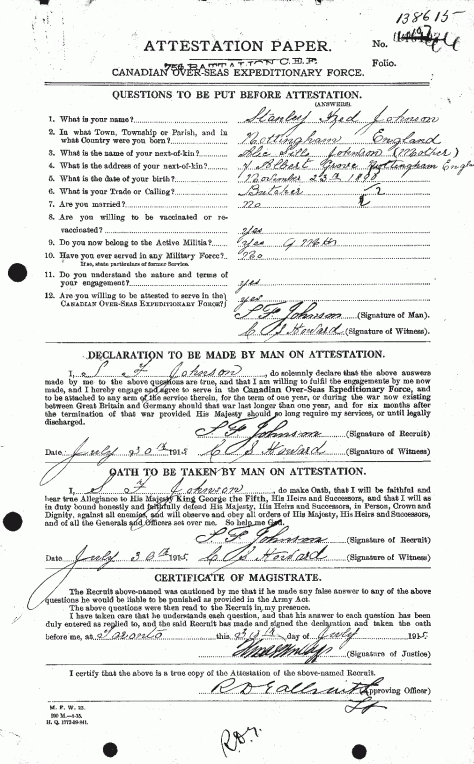 Front of attestation papers of Private Stanley Frederick Johnson, late of the 3rd Battalion, CEF