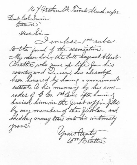 Letter written by Albert's father William Beattie with a subscription for a memorial for the South African War dead.