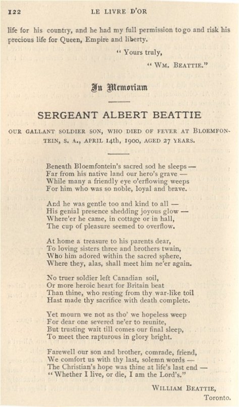 Poem written by Albert Beattie's father William.