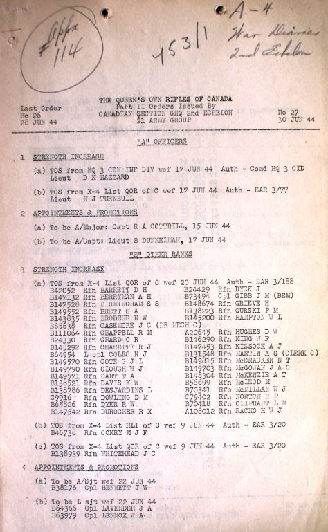 Routine Order showing Turnbull take on strength (TOS) with The Queen's Own Rifles of Canada